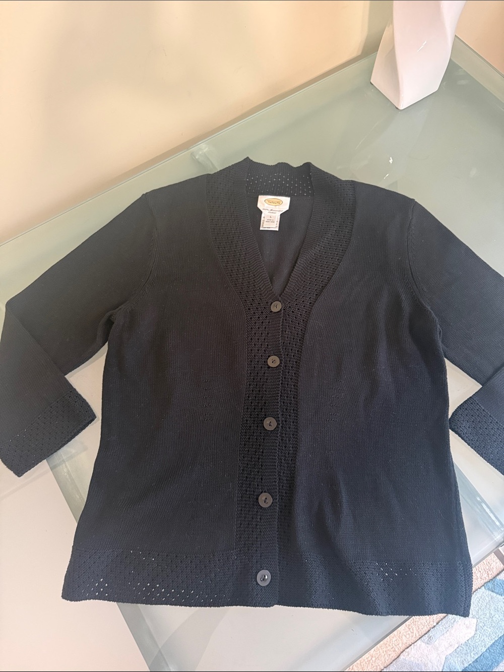 Talbots Black Cardigan Sweater Jacket Size L 100% Mercerized Cotton